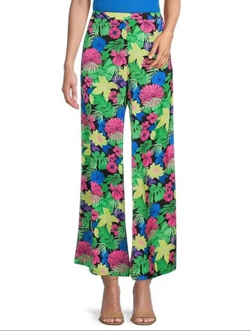 Skies Are Blue Floral Palazzo Wide Leg Pants Vibrant Tropical Print ** See Flaw*